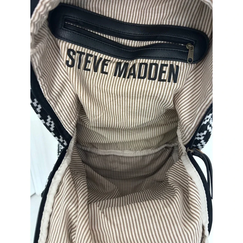 Steve Madden Black White Chevron Woven Backpack Zig Zag Cotton Faux Leather Trim